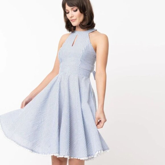 Unique Vintage Dresses & Skirts - Blue & White Stripe Seersucker Flare Dress Unique Vintage